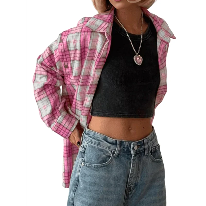 

ASDS-Women's Pink Button-Down Shirt Long Sleeve Plaid Shirt Business Casual Detachable Long Sleeve Lapel Shirt Top