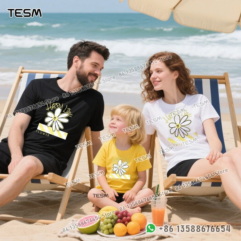 

TESM Cartoon Daisy Pattern Men Cotton T-shirt Casual Loose Short-sleeve Party Parent-child Outfit Mom Dad Family Vacation Top
