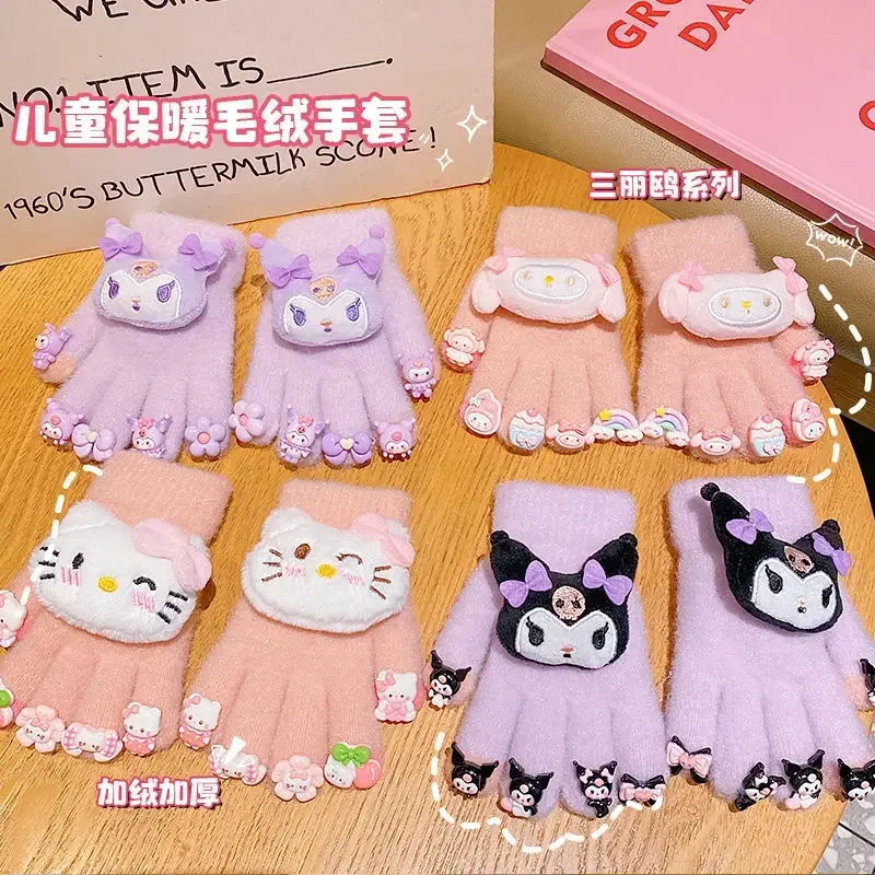 Sanrio Hello Kitty Cinnamoroll Anime Kuromi Children Warm Gloves Winter Cute Kawaii Five Finger Velvet Protection Gifts for Kids