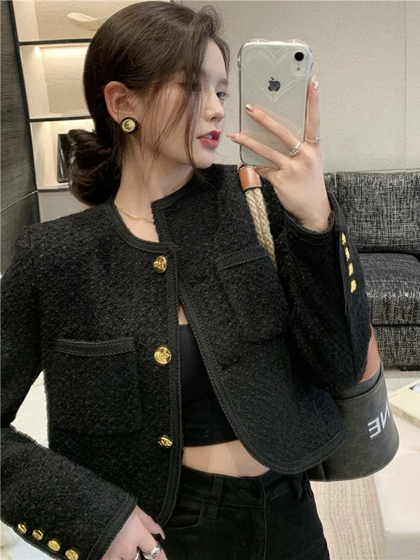 ピュアブラック春秋ウールショートコートラウンドネックスーツトップ女性のファッションカジュアル暖かい綿混紡生地長袖