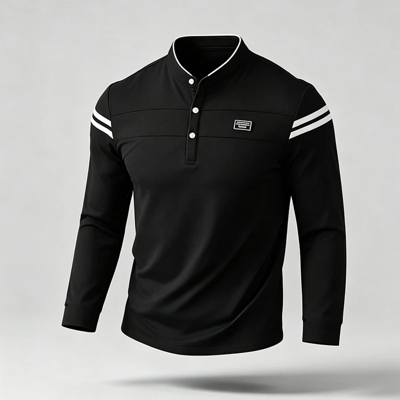 Herren-Poloshirt mit langen Ärmeln, Stehkragen, Knopfleiste und Streifenmuster – ideal für Reisen, Einkäufe und den Alltag. – Detail 7