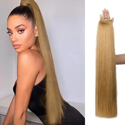 28inch Synthetic Straight Ponytail Extensions Blonde Hairpiece With Hair Tie Rubber Band Can Be DIY Braided Ponytail