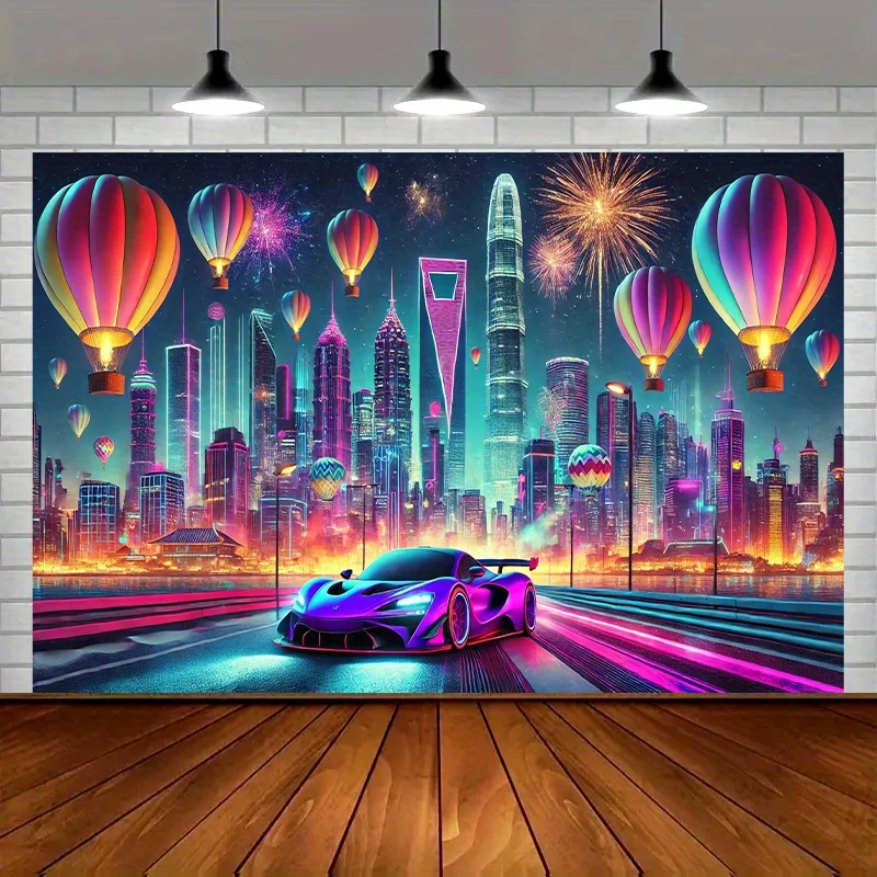 Neon City Tapestry - Futuristic Skyline with Supercar, Hot Air Balloons , Cyberpunk Wall Art, Polyester, Multiple Sizes