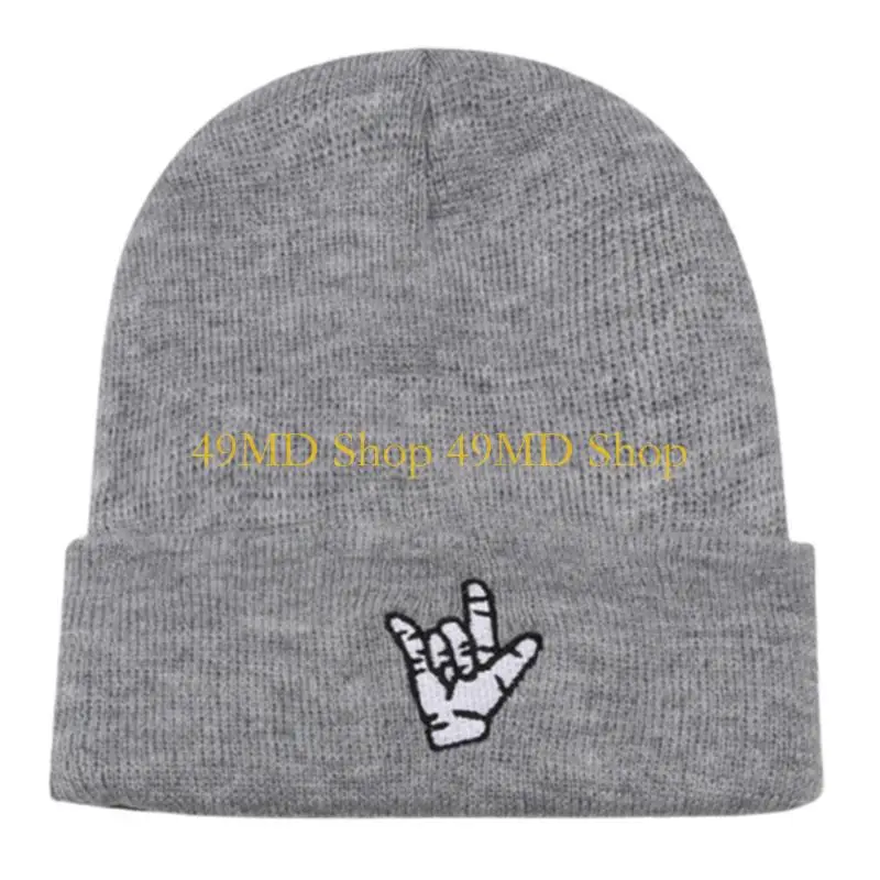 49MD Rock Knitted Hat Embroidery Gestures Woolen Hat Wild for Musician Street Dancer