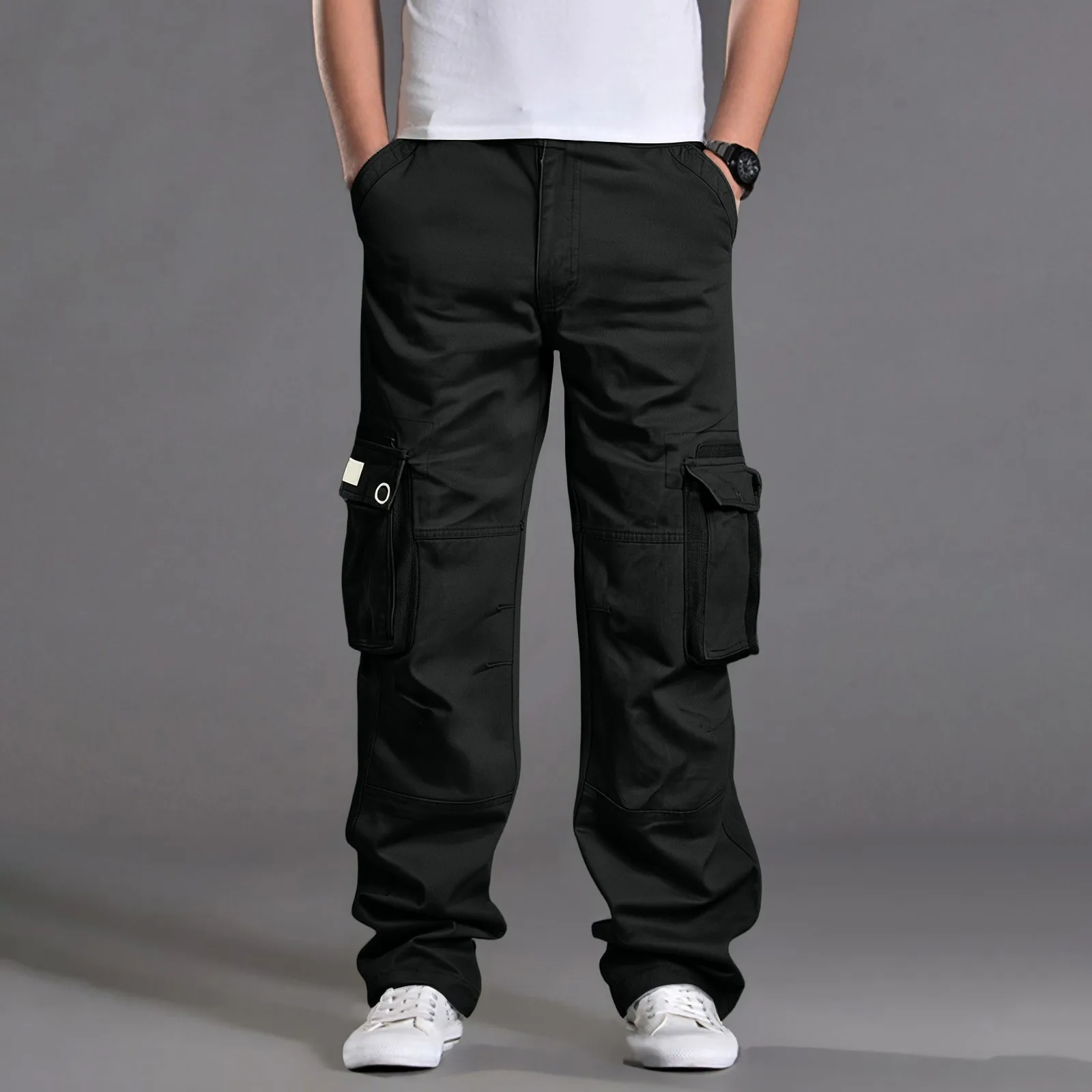 Fashion Retro Cargo Pant Men Solid Color Spring Summer Casual Multi-pocket Waist Drawstring Trousers Loose Long Pants