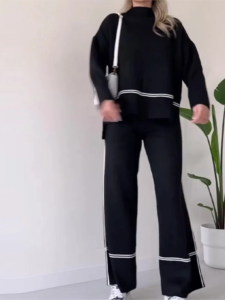 

2 Piece Set Women Outfits Autumn 2025 Clothing New Fashion Long Sleeve Solid Color Casual Top Loose High Waist Flared Pants Set