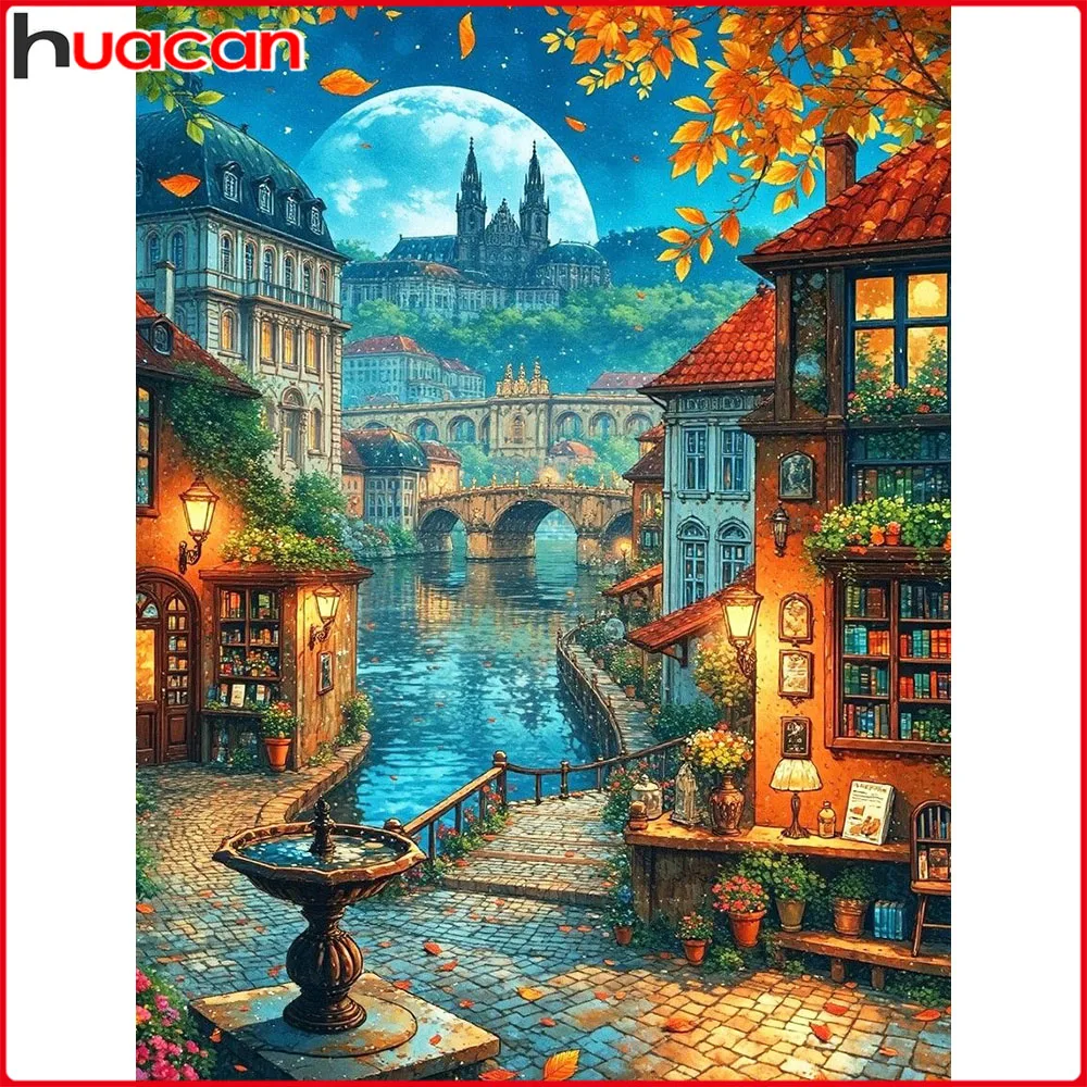 Huacan 5D DIY Diamantmalerei Mondstraßenhaus Diamantmosaik Landschaft Neu 2026 Dekorative Gemälde