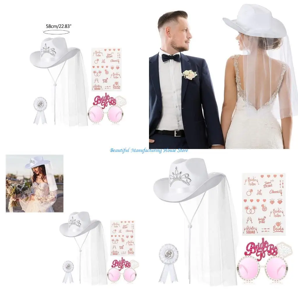 e56a-set-of-4-bridal-hat-veil-bachelorette-party-bridal-shower-wedding-glasses-veil-cowboy-hat-badge-supplies