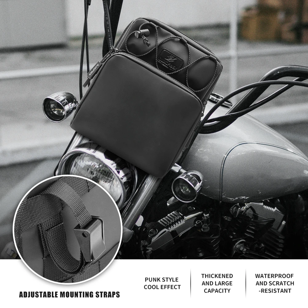 Waterproof multi-functional motorcycle frame storage bag with adjustable mounting strap and convertible crossbody/shoulder bag