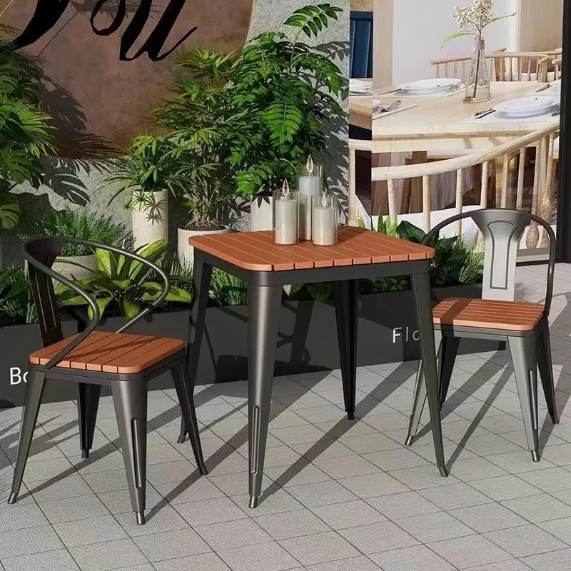 Outdoor plastic wood table and chair combination, park outdoor table and chair, milk tea shop restaurant outdoor table