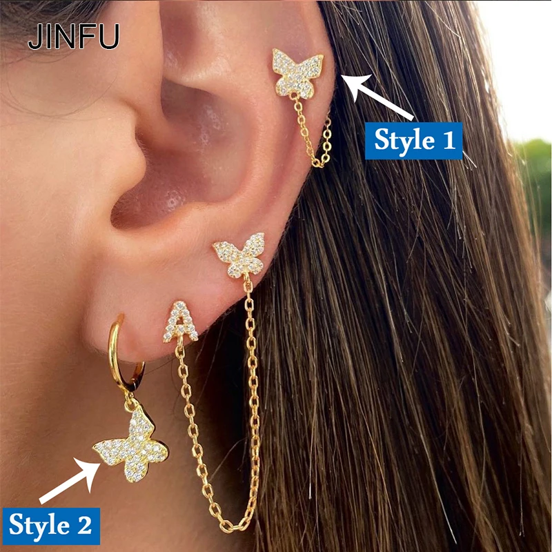 JINFU Gold plated Hoop Earrings 1PC Pave Zircon a-z Letter Connected Initial Chain Stud Earrings 2022 Jewelry Wholesale