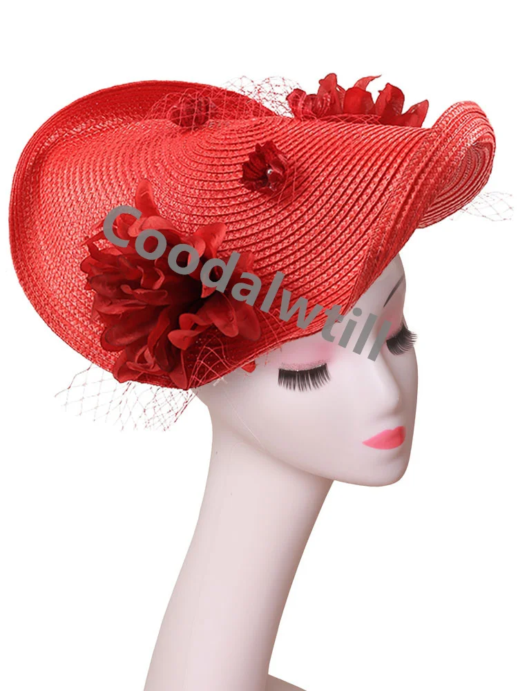 

Imitation Straw Fascinator Hat Feather Mesh Net Veil Party Ascot Hats Flower Derby Headwear with Clip and Hairband for Women