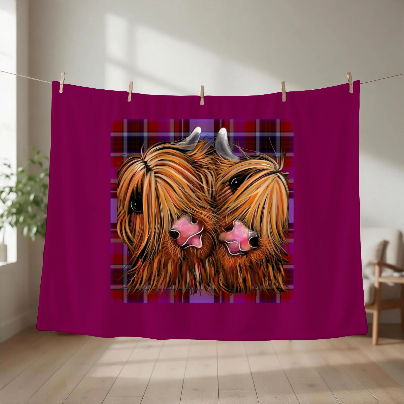 HiGHLaND CoW PRiNT ' RHuBaRB & GiNGeR oN TaRTaN ' BY SHiRLeY MacARTHuR Throw Blanket