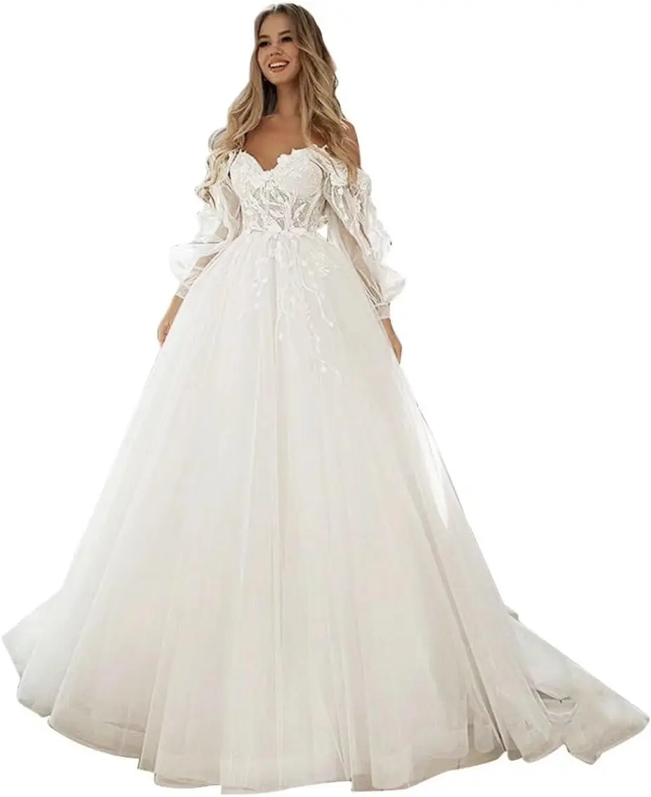 2025년 신부를 위한 웨딩드레스 레이스 아플리케 긴 소매 튤 여름 신부 드레스 여성용 A라인 오프숄더 웨딩드레스