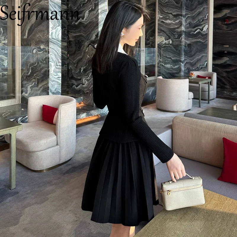 Seifrmann 2026 Spring Women's New Fashion Round Neck Long Sleeve Single breasted Knitted pleated Dress