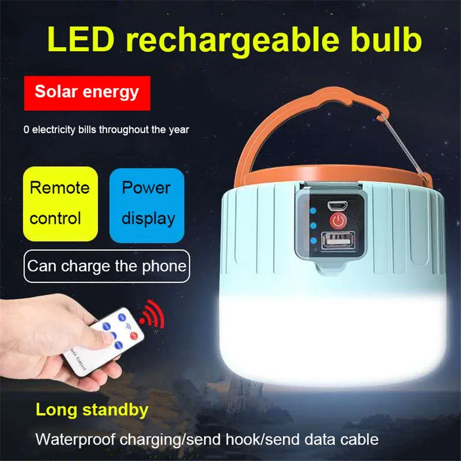 Super Bright LED Solar Camping Light Outdoor Waterproof Tent Lamp USB Rechargeable Portable Emergency Night Light for BBQ Hiking