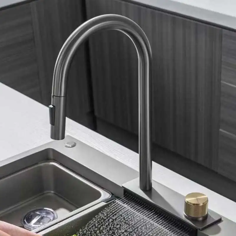 

2022 Solid Brass Brushed Grey Pull-Down Spring Kitchen Sink Mixer Tap Classic Hot Cold Water Faucet for Hotels Direct China