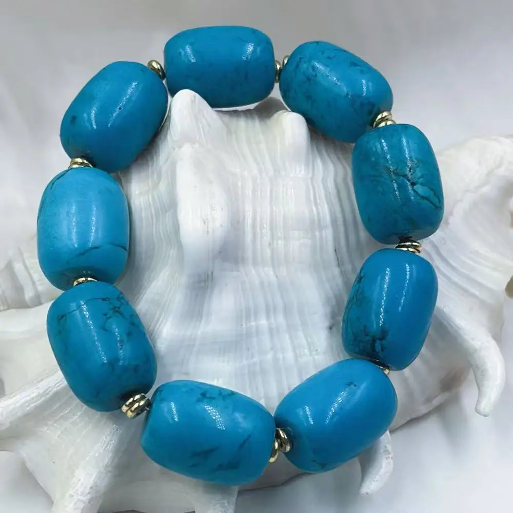 13x18mm Man Jewelry Natural Blue Turquoise Gift Gemstone Column Drum Beads Bracelet 7-9inch