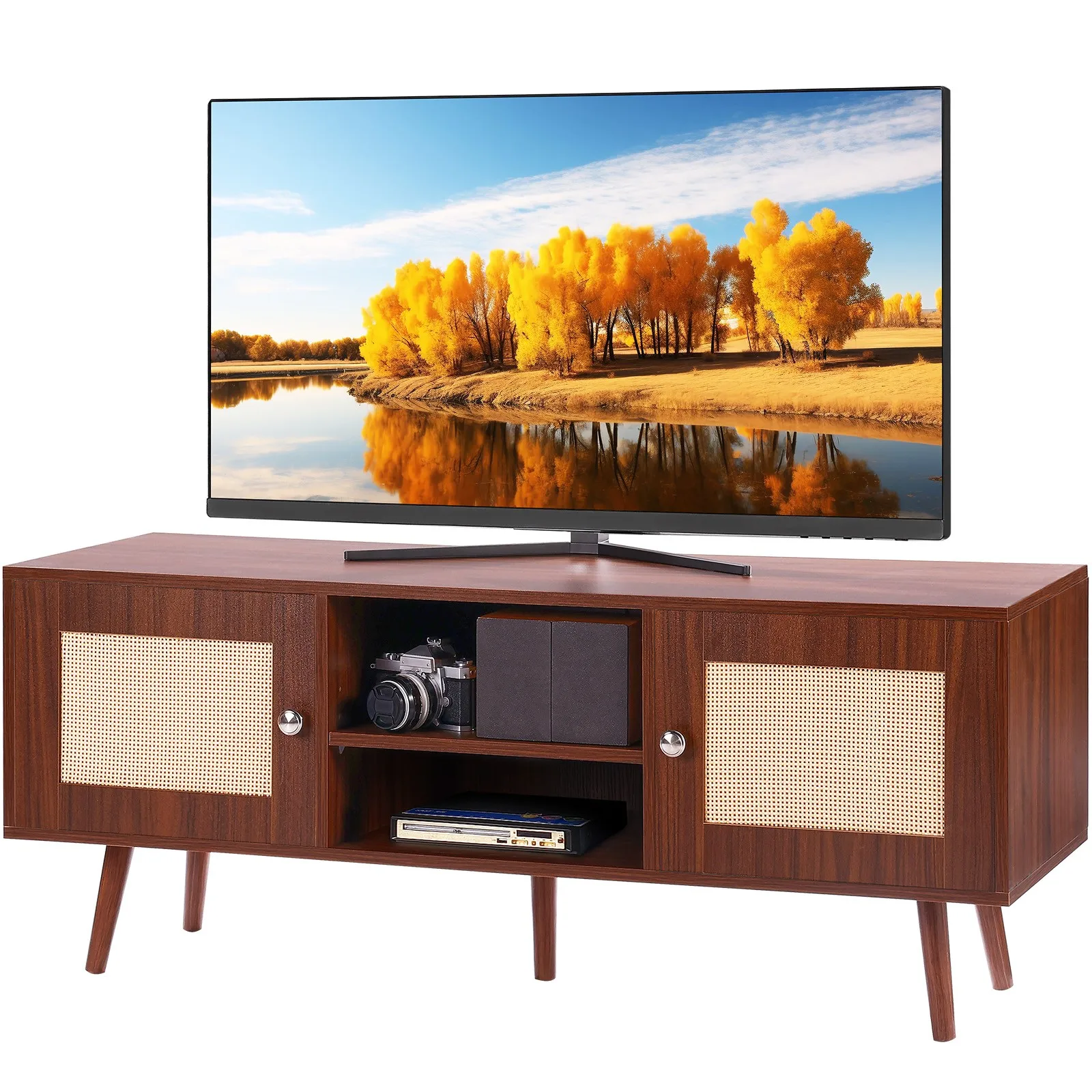 

Rattan TV Stand for 55" TV Entertainment Center with Rattan Door Walnut