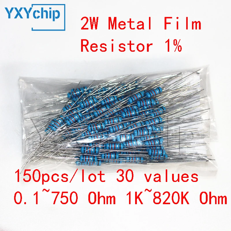 150pcs/lot 30 values 2W Resistance 1% Metal Film Resistor Assortment Kit 0.1~750 Ohm 1K~820K Ohm DIY Electronic Resistors Set