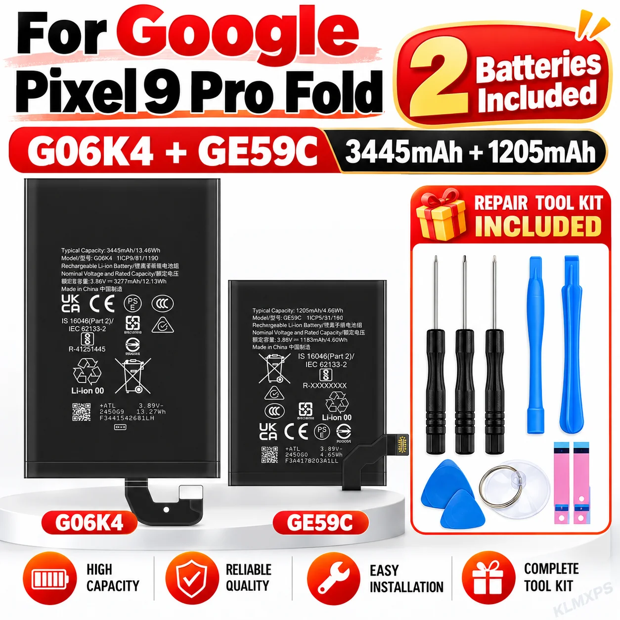 G06K4 GE59C Battery Replacement for Google Pixel 9 Pro Fold 3445mAh 1205mAh Dual Battery Pack with Repair Tool Kit