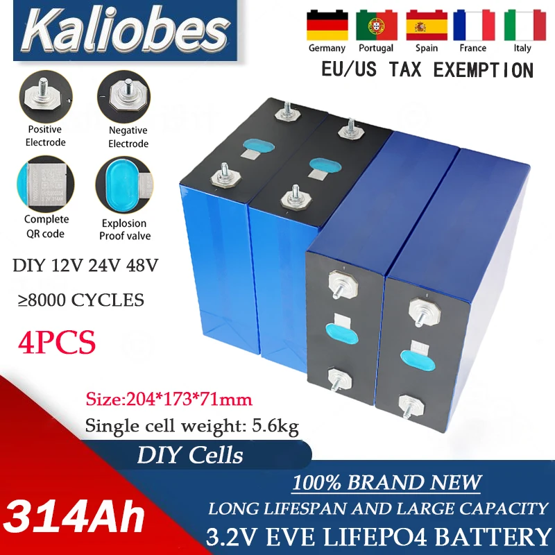 4 pieces of A-grade 3.2V 314AH Lifepo4 rechargeable batteries 12V 24V 48V solar energy storage DIY battery pack