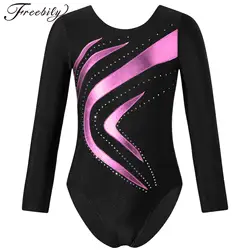 Kids Girls Ballet Dance Leotard Rhythmic Gymnasytics Figure Skating Yoga Bodysuit Long Sleeve Shiny Rhinestone Catsuit Dancewear