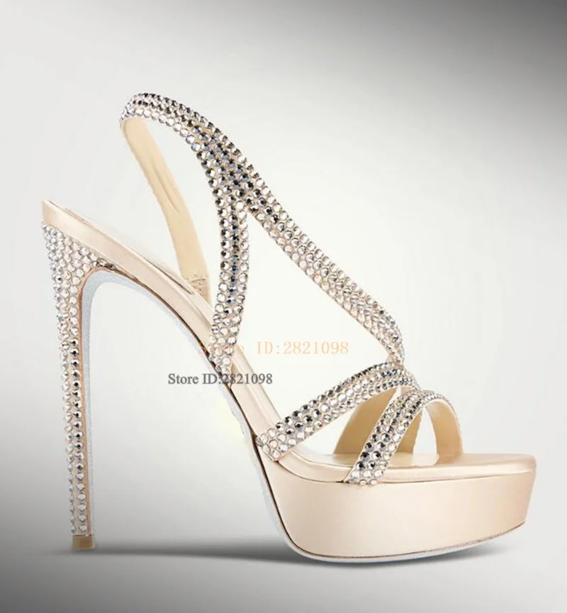 

Crystal Satin Slingback Platform Sandals Thin Heeled Slip On Shiny Ankle Strap Women High Heel Open Toe Summer Shoes