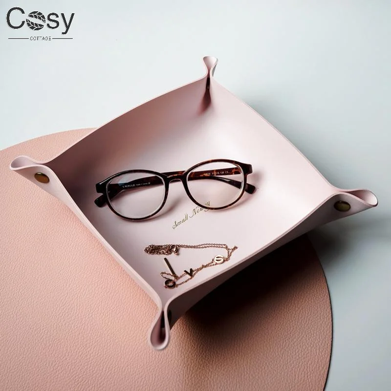 

Multi-Purpose PU Leather Desk Tray with Rivet Folding Catch-All Storage Organizer for Watch, Jewelry, Keys, and Daily Essentials