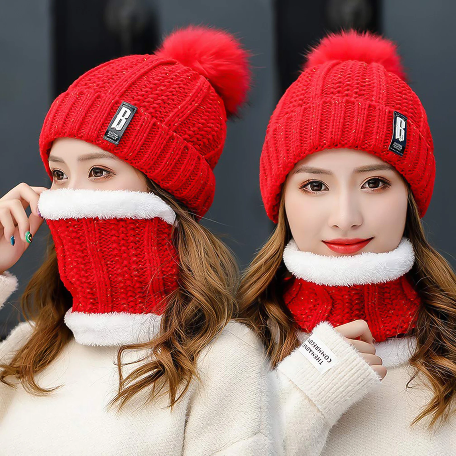 4pcs Winter Hat Scarf Gloves Ear Warmer Knit Warm Beanie Hat Touch Screen Gloves Long Knitted Plaid Scarf Set Gifts for Women