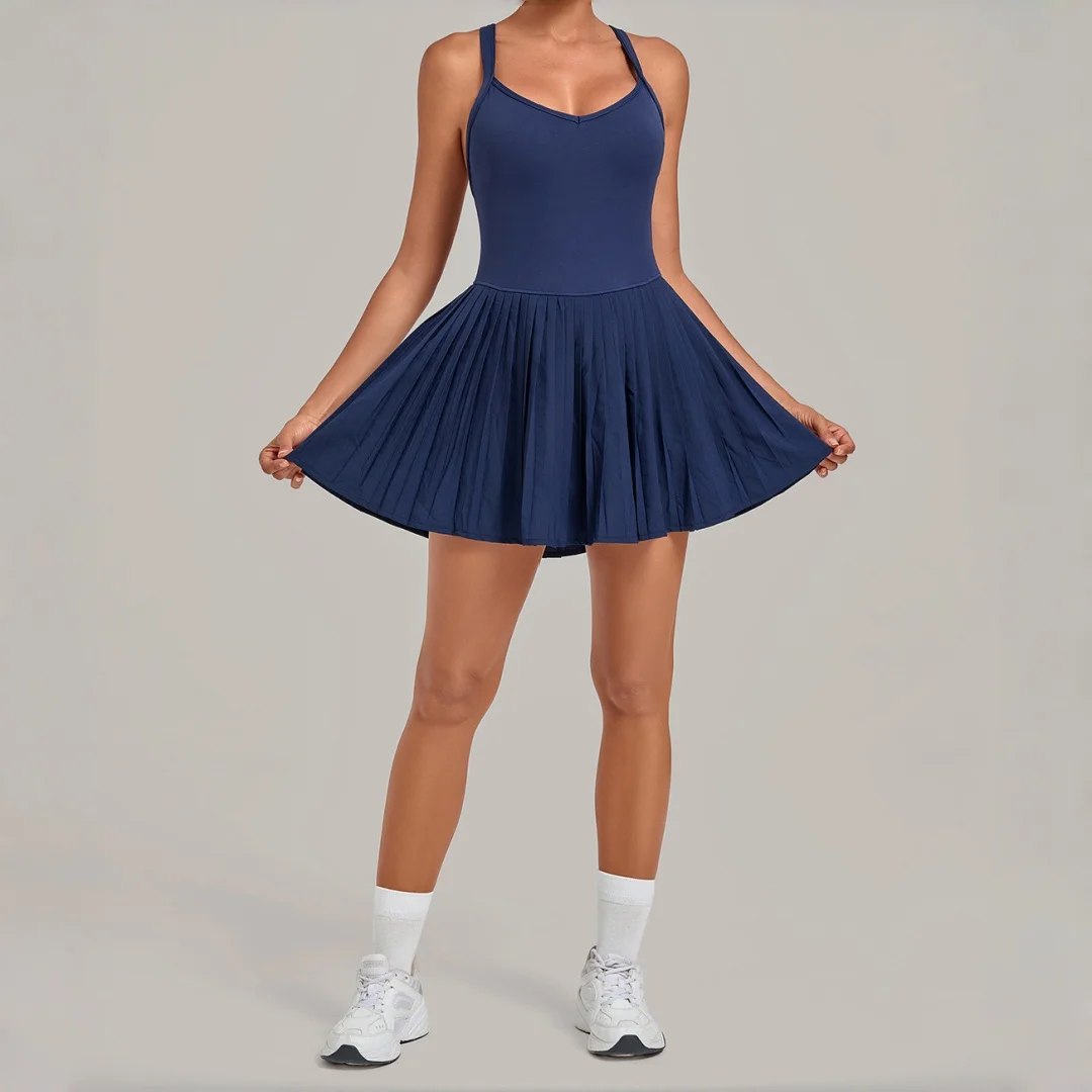 Tennis Dress Sports Fitness Fake Two Pieces Backless Golf Tennis Badminton Anti-light One-piece Running  Gym Pleated Yoga Dress