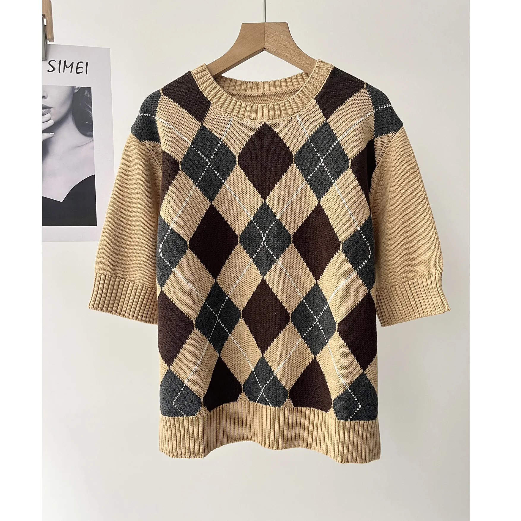 

Women's British preppy style vintage diamond plaid pullover crew neck short sleeve knit Spring 16A-2603