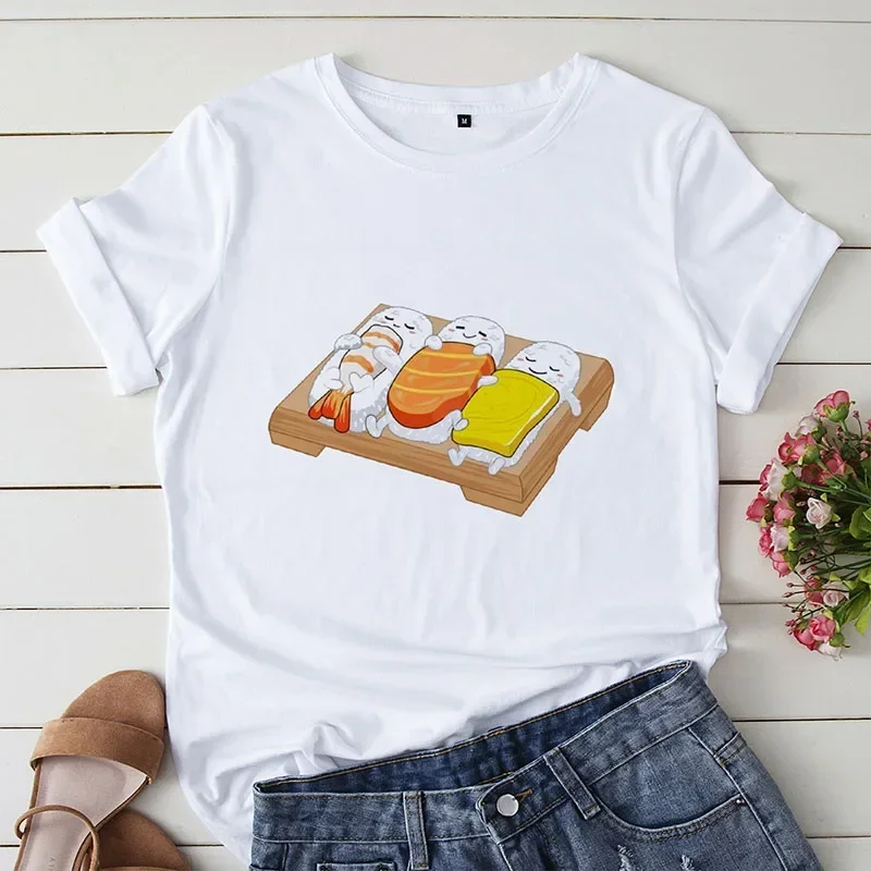 Verão nova adorável sushi impressão senhoras camiseta feminina casual base em torno do pescoço camisa branca de manga curta roupas femininas