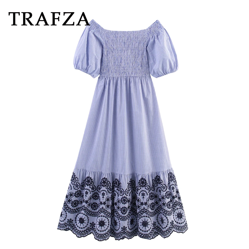 

TRAFZA Purple Striped Embroidery Elegant Woman Dress Slash Neck Birthday Pleated Long Mujer Dress Night Party Female Vestidos