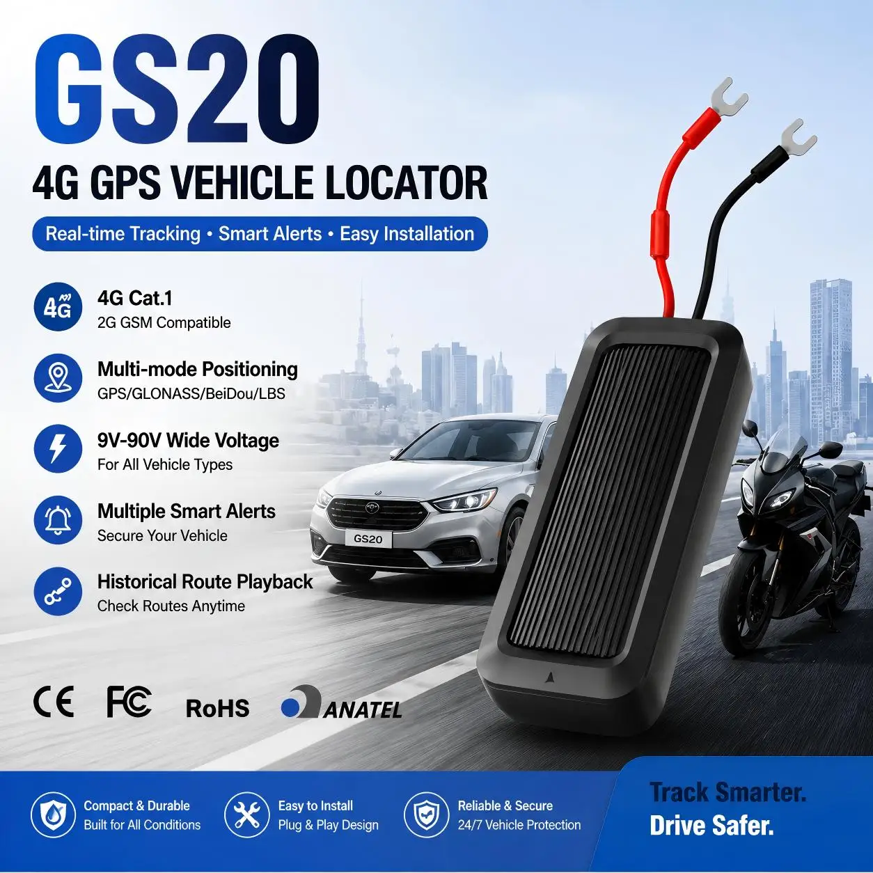 4G-Fahrzeugortungsgerät, Echtzeit-Ortung, 9-90V für Auto, LKW, Motorrad, Routenwiedergabe, Geofence-Benachrichtigungen, Abonnement erforderlich