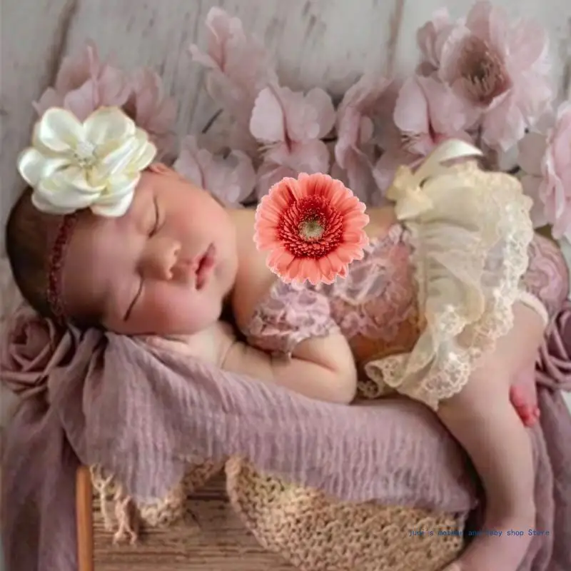 67JC Photo Posing Props Floral Hairband Lace Dress Costume Baby Photography Clothing