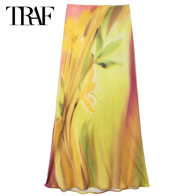 

TRAF Skirts For Women Tie Dye Long Skirt Women Skirt Wrap Satin Print A Line Skirt Summer 2024 Luxury Elegant Women's Skirts