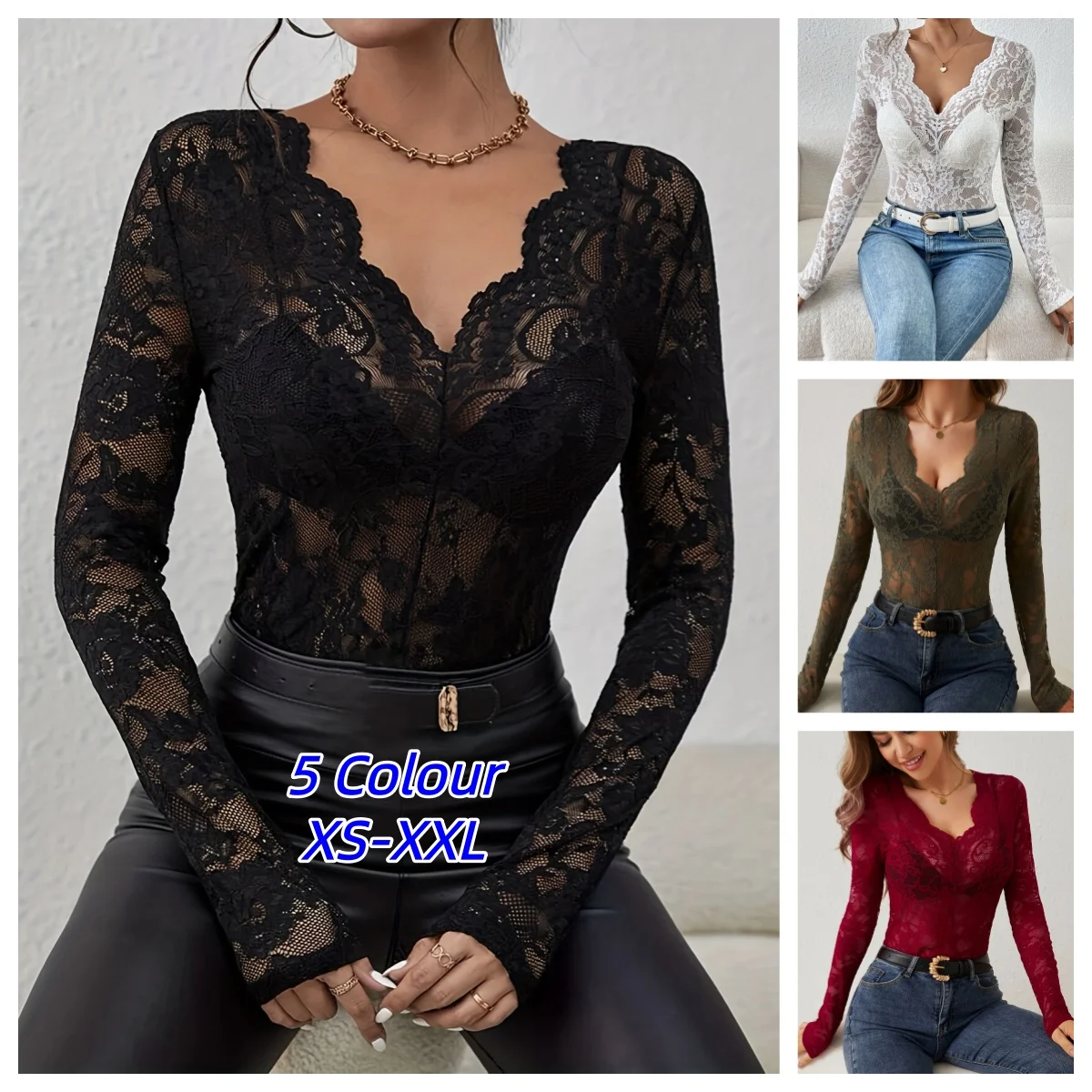 Women Sexy Base Layer Shirt Solid Black Sheer Lace Top Slim Flower Scallop Trim V Neck Long Sleeve T-shirt Trendy Tight Lace Top