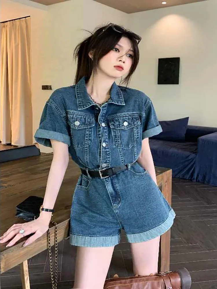 Women's Retro Denim Short Sleeved Jumpsuit Spring Summer New Waist Cinched Wide Leg Pants Fashion Lapel Large Pocket Jumpsuits