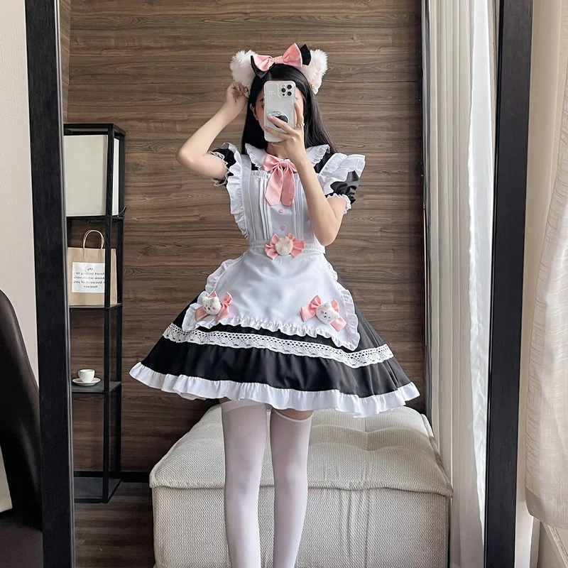 Halloween Anime Maid Uniform Sexy Women Short Sleeve Kawayi Bodysuit Cosplay Dress Cat Doll Bow Tie Headband Underwear Costume