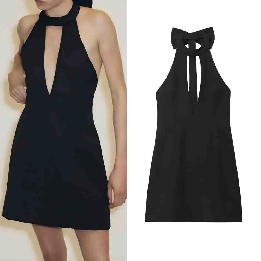 Gaun Mini Leher Halter Seksi Hitam Dekorasi Pita Punggung Terbuka Fashion Baru Wanita Gaun Wanita Tanpa Lengan Retro