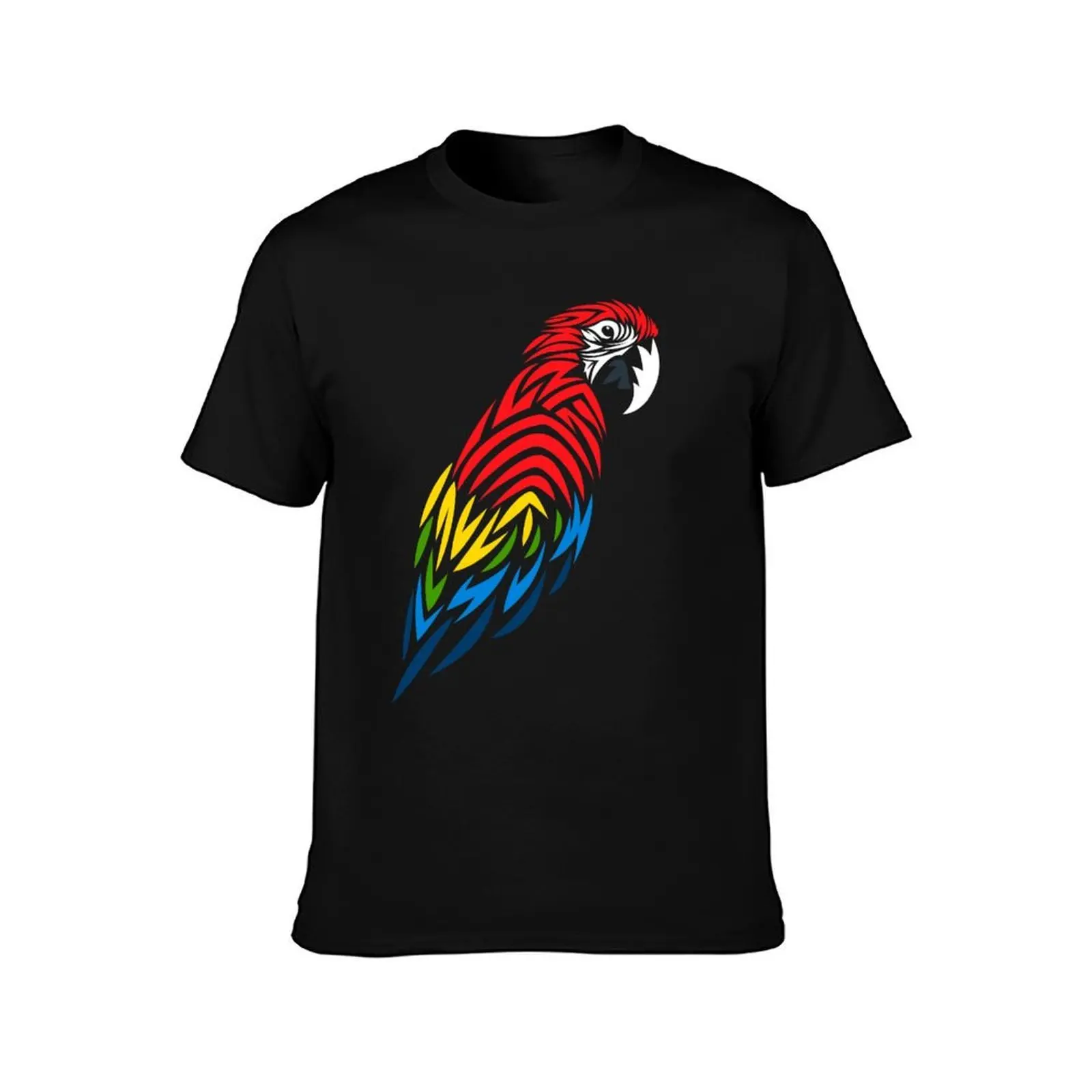 Tribal Macaw T-Shirt, Summer Casual Cotton Tee, Oversized Streetwear Tops, Vintage Graphic Print, Loose Fit Short Sleeve