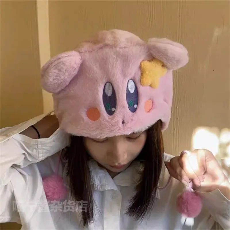 New Delicate Kawaii Kirby Fashion Trend Plush Hat Gloves Proof Warm Plush Cute Women Winter Warm Cartoon Hair Cover Ear Protect