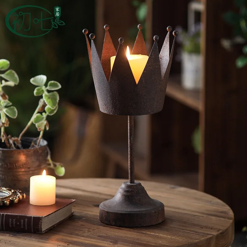 Antique Rust Iron Candle Holder Medieval Style Wabi Sandy Wind Home Decor Ornament Old World Crafts