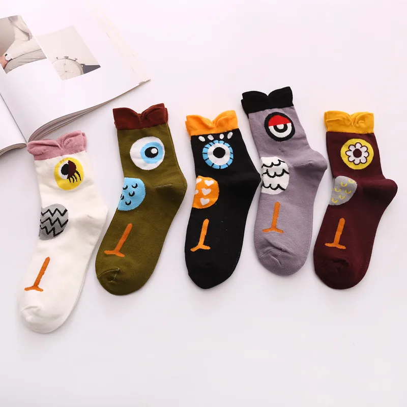 4-5 Pairs Newest Colorful Harajuku Korean Kawaii Cute Women Socks Cartoon Cat Dog Owl Stripe Avocado Girl Cotton Socks