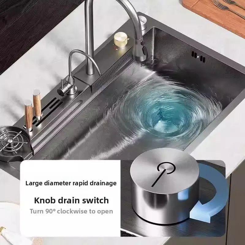 Thickened household kitchen sink vegetable basin large single slot 304 stainless steel Feiyu waterfall holder vegetable basin