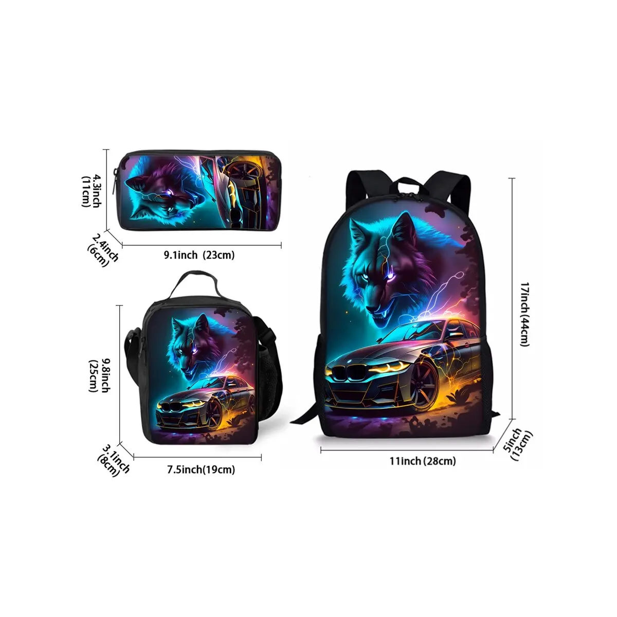 Wolf and Racing Pattern Three Piece Set Backpacks for Boy and Girls Best Gifts 3D Cartoon School Backpack for Children