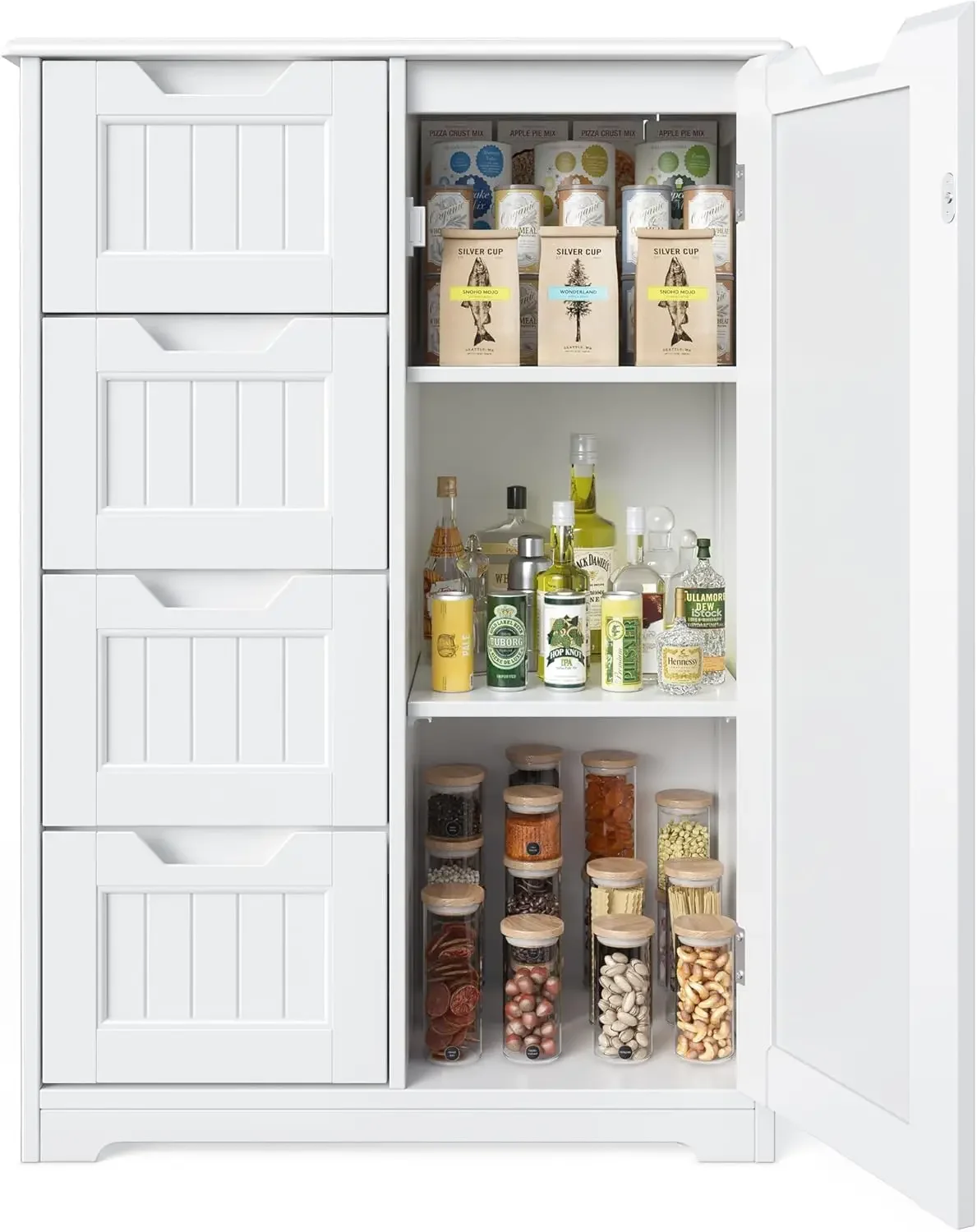

Gizoon 33" Small Kitchen Pantry Cabinet with Door & Shelves, Freestanding Wooden Dresser with 4 Drawers for Bathroom, White