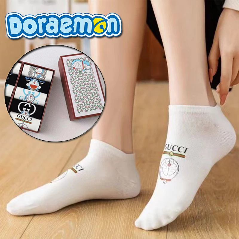 

5 Pairs / Box New Doraemon Boxed Socks Cute Simple Match Girls School Sports Socks Anime Creative Fashion Women's Cotton Socks
