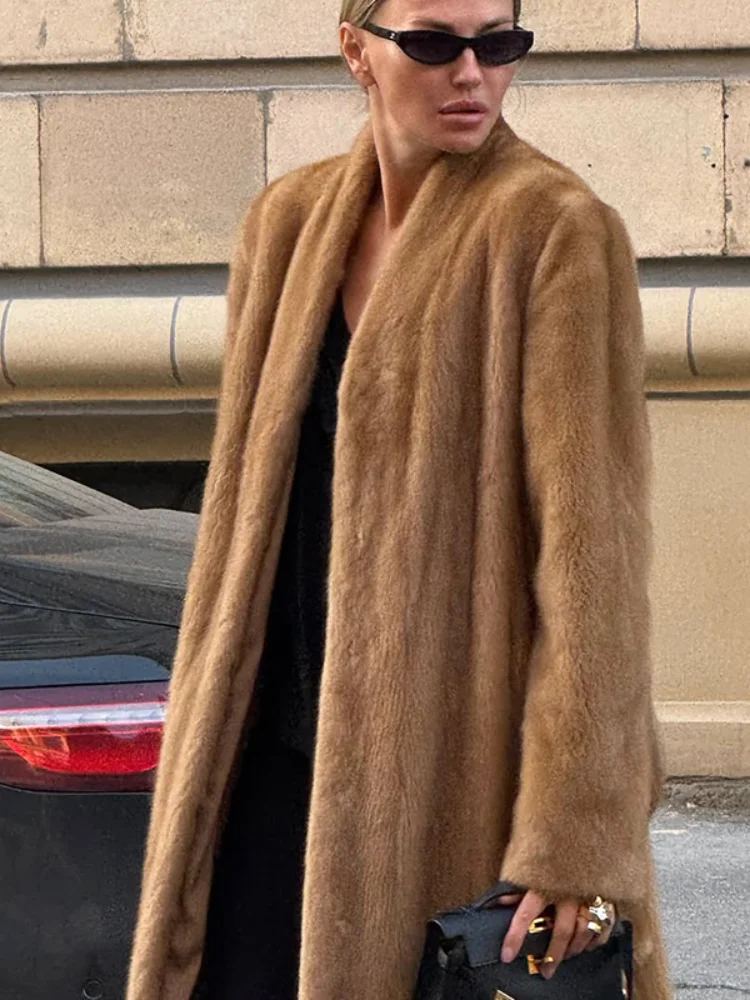 رداء أصفر مفتوح الكتف العادي مع حزام صديق للبيئة من الفرو سميك وأكمام طويلة ملابس خارجية للسيدات معطف كاجوال عتيق #3